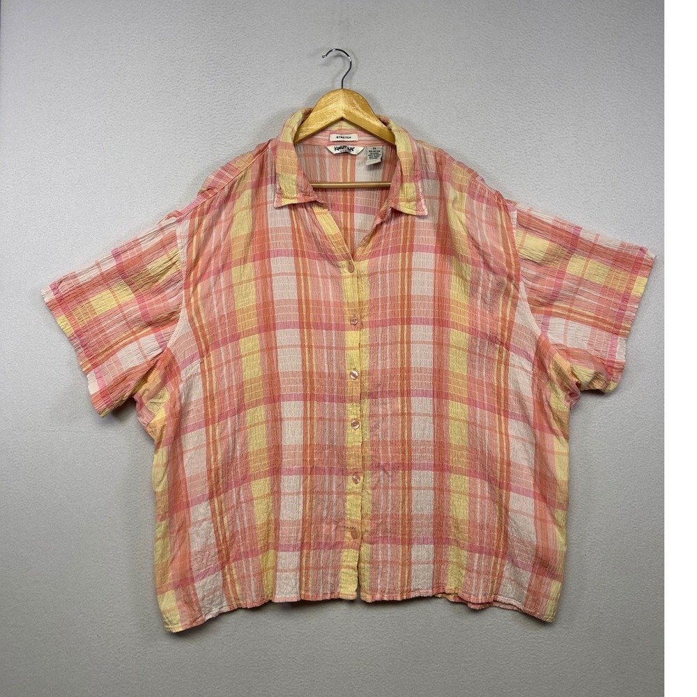 Coastal Summer Krazy Kat Woman 3X Pink Orange Plaid Stretch Button Up Shirt